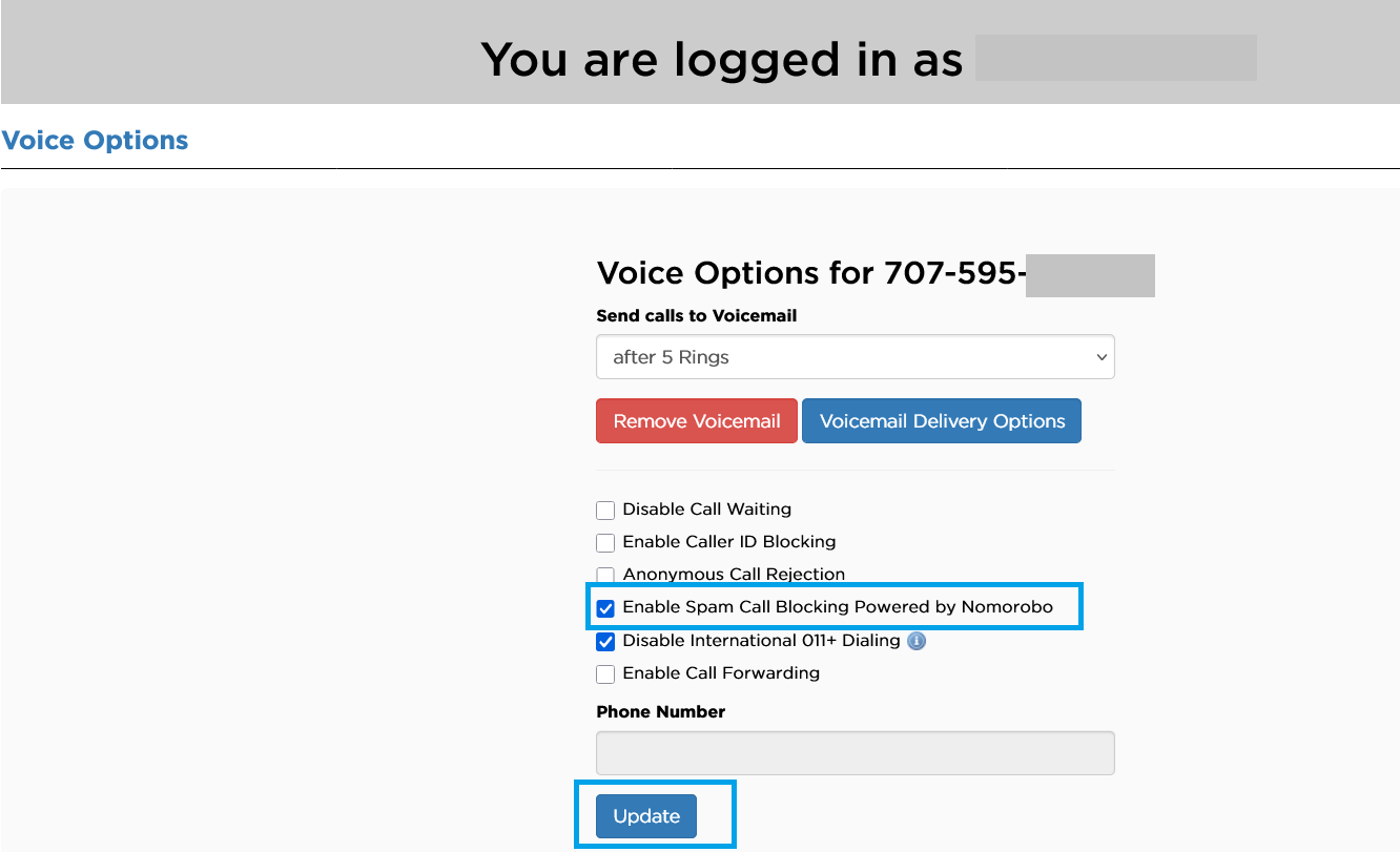 Member Tool Voice settings page highlighting the selected “Enable Spam Call Blocking Powered by Nomorobo” option and the “Update” button.