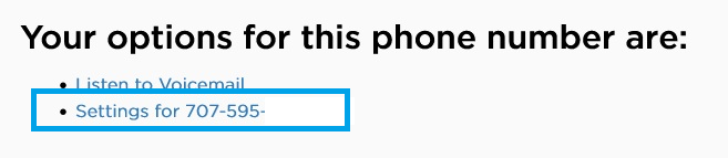 Member Tool Voice options page highlighting the “Settings for [phone number]” option.
