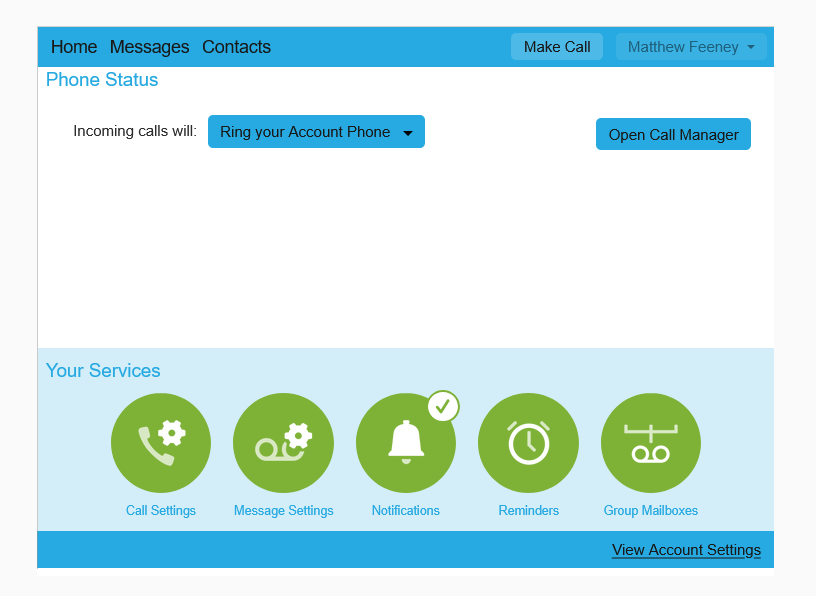 Phone settings dashboard showing “Incoming calls will: Ring your Account Phone” and service options including Call Settings, Message Settings, Notifications, Reminders, and Group Mailboxes