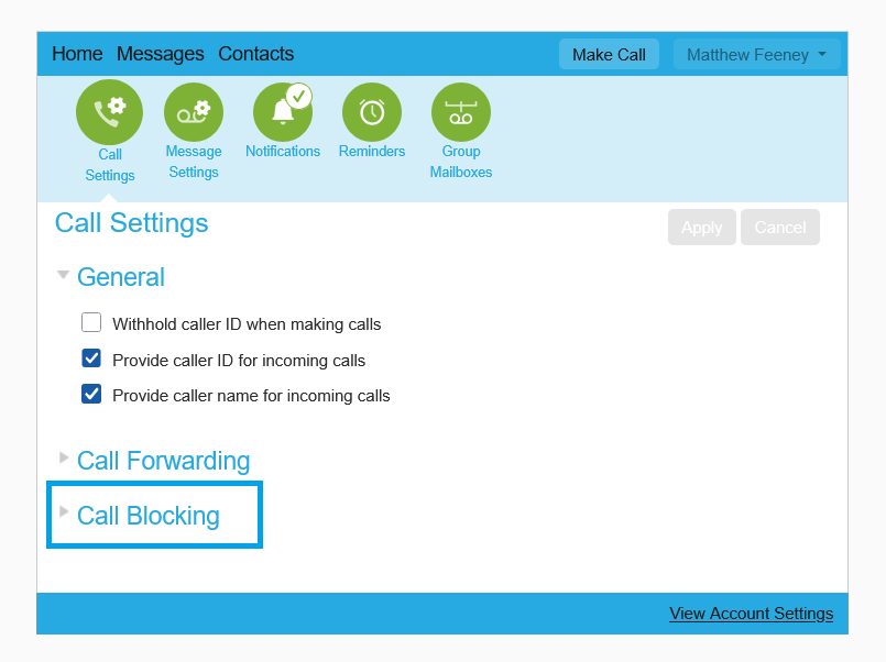 Call Settings page showing general call options, with the “Call Blocking” section highlighted in the settings menu.