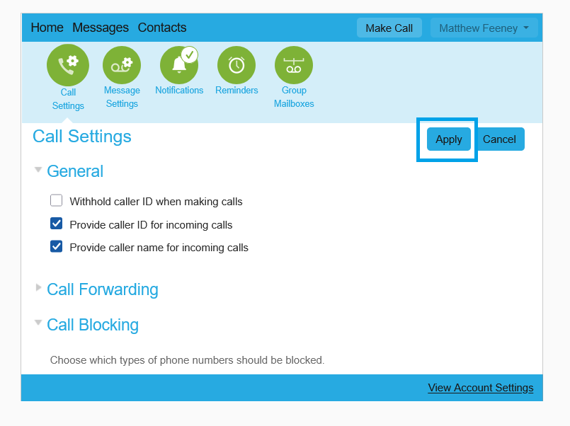 Call Settings page showing general call options, with “Provide caller ID for incoming calls” and “Provide caller name for incoming calls” selected, and the “Apply” button highlighted next to “Cancel.”