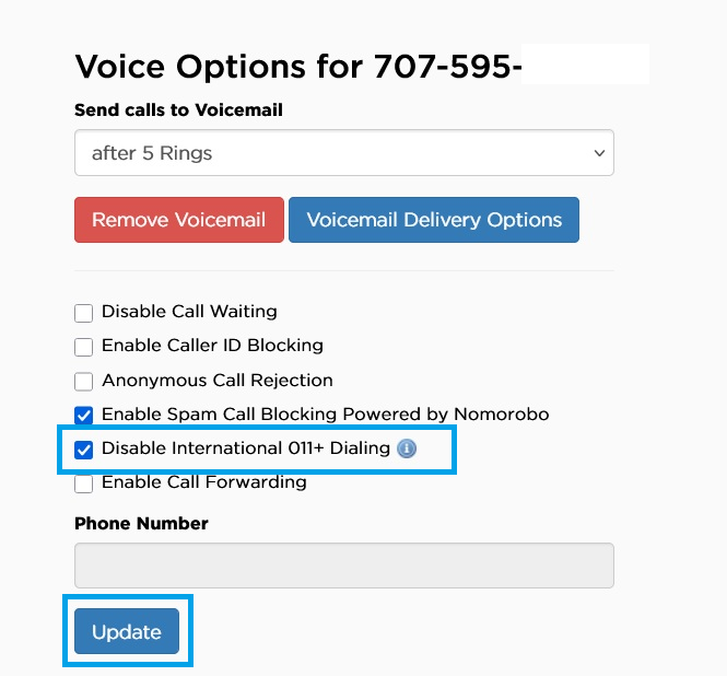 Member Tool Voice settings page showing call feature options, with the selected “Disable International 011+ Dialing” checkbox and the “Update” button highlighted.