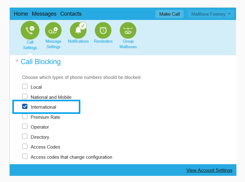Call Blocking settings page showing a list of phone number types to block, with the “International” option selected.
