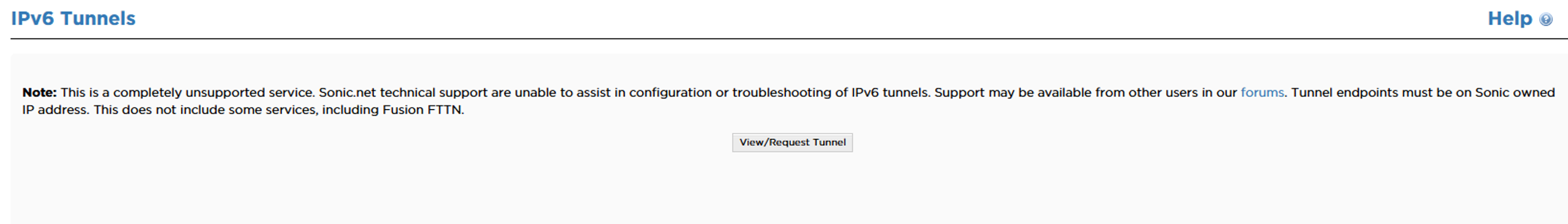 The IPv6 Tunnel tool home page with the View/Request Tunnel button in the center.
